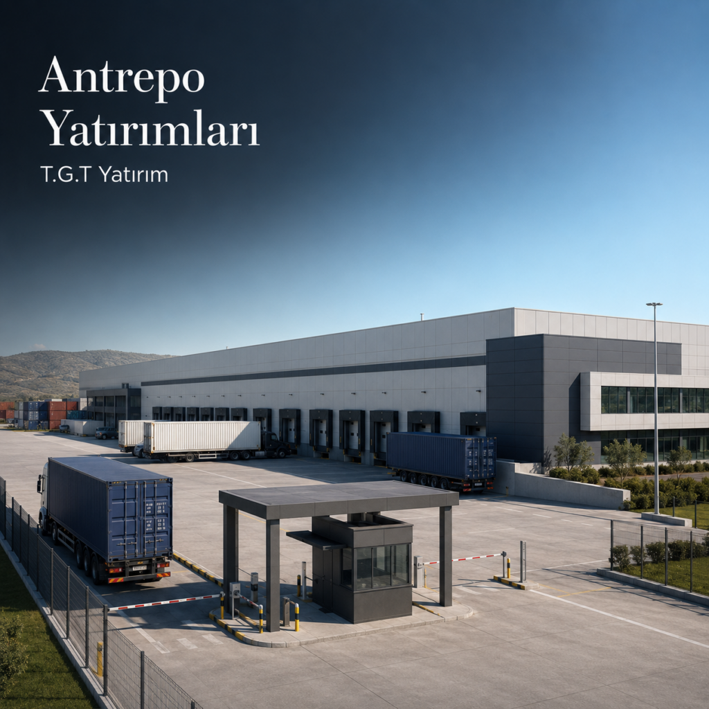 Güvenlik kontrollü giriş ve yükleme rampaları bulunan modern antrepo tesisi